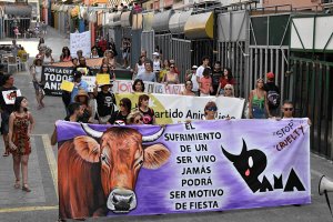 La Plaa Major de Pedreguer sompli de crits contra el maltracte animal i els bous al carrer en la primera manifestaci antitaurina